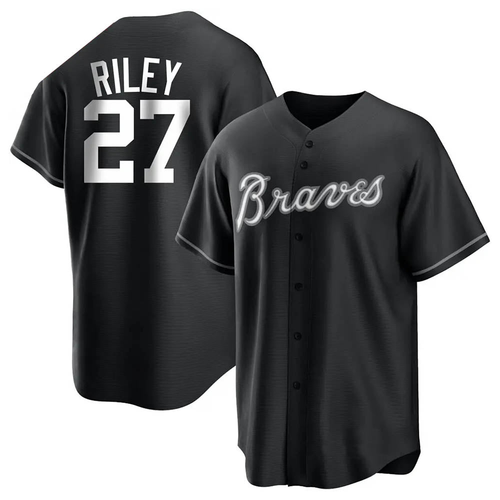 Johmsee A.Braves #27 Austin Riley Player Black&White Replica Stitched Jerseys