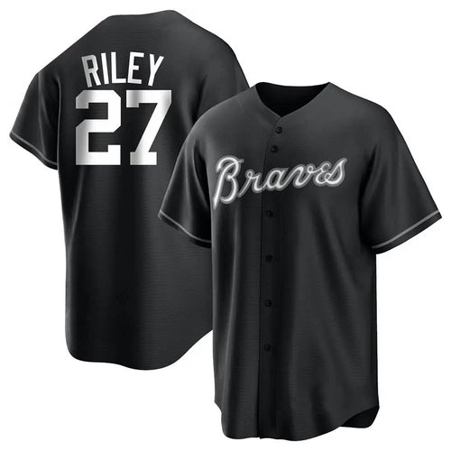 Johmsee A.Braves #27 Austin Riley Player Black&White Replica Stitched Jerseys