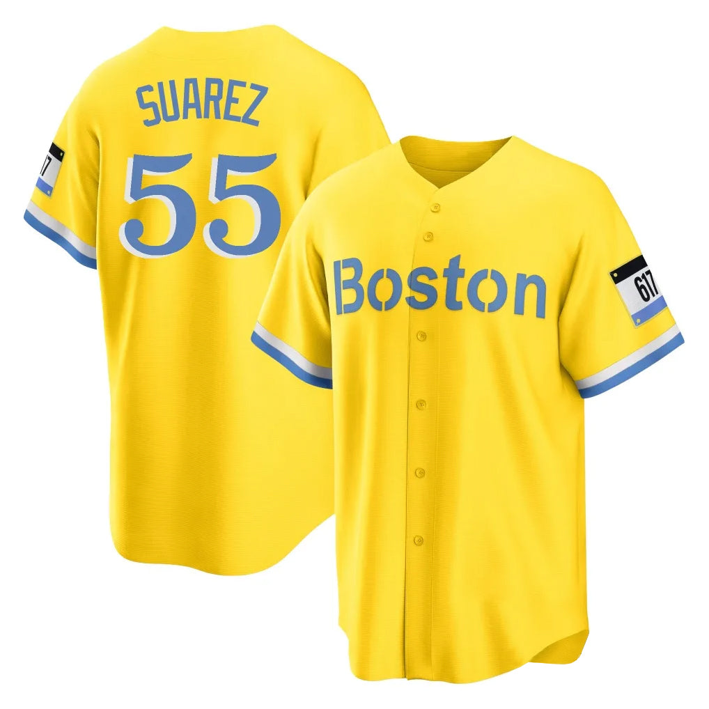 Johmsee B.Red Sox #55 Ranger Su¡§¡érez Player Yellow Home Game Stitched Jerseys