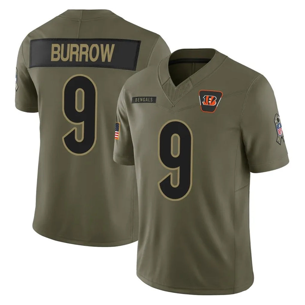 Johmsee C.Bengals #9 Joe Burrow Player Olive Salute to Service Limited Home Game Stitched Jerseys