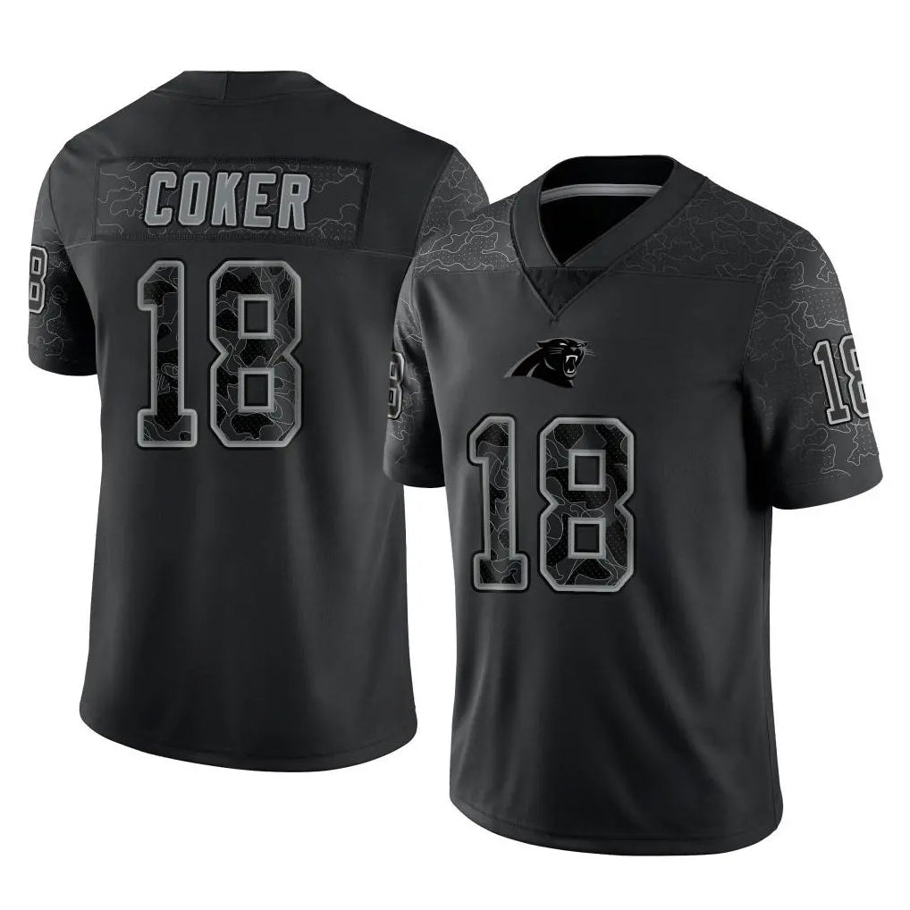 Johmsee C.Panthers #18 Jalen Coker Player Black Limited Reflective Game Stitched Jerseys