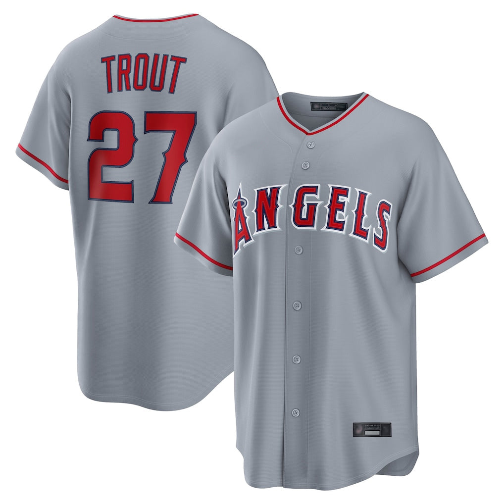 Johmsee LA.Angels #27 Mike Trout Player Gray Home Game Stitched Jerseys