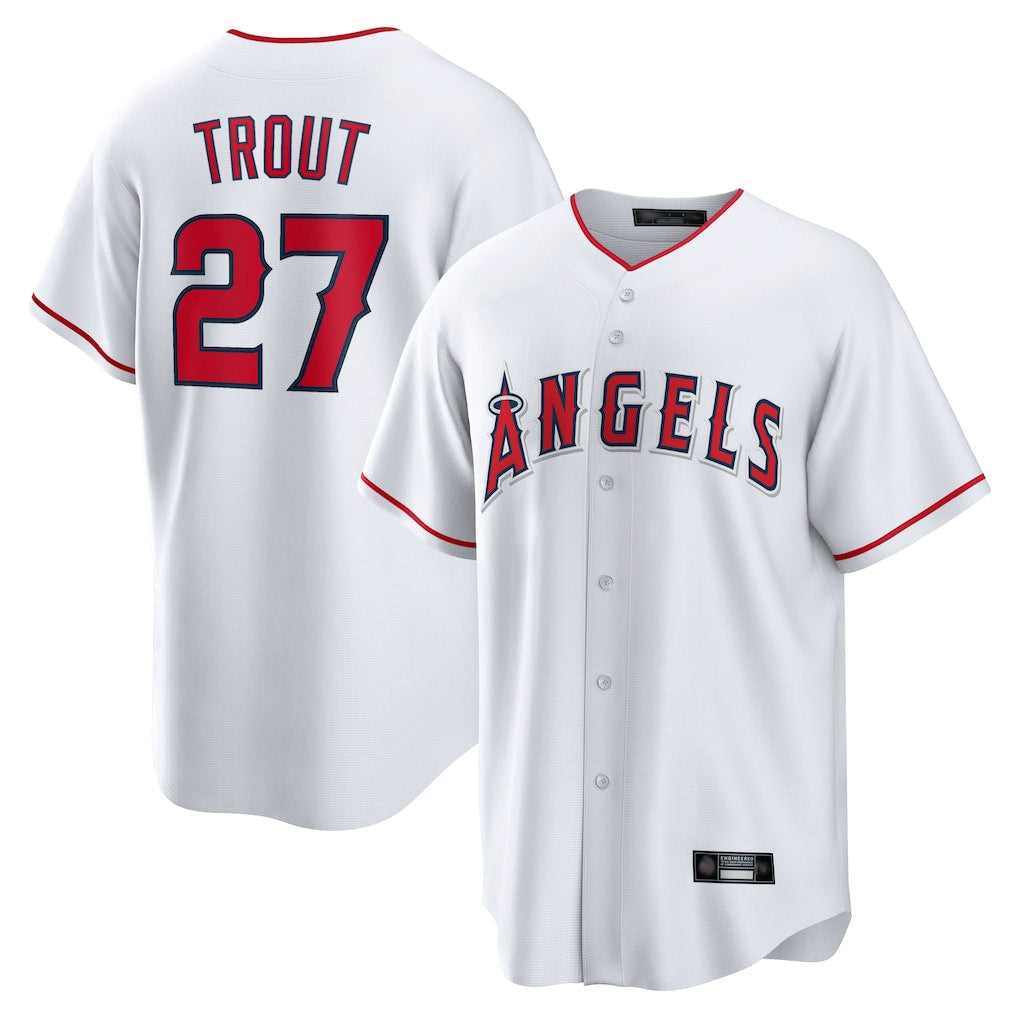 Johmsee LA.Angels #27 Mike Trout Player White Home Game Stitched Jerseys
