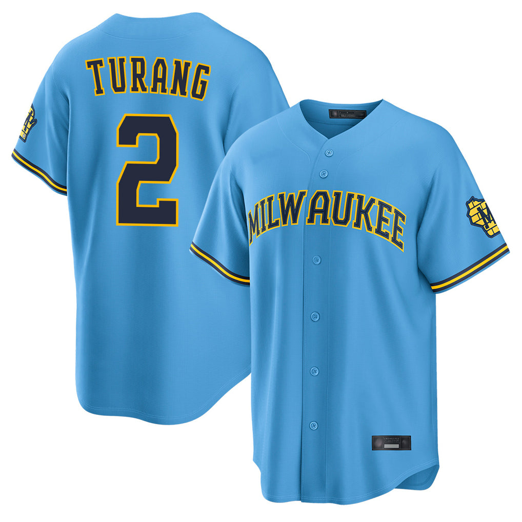 Johmsee M.Brewers #2 Brice Turang Player Light Blue Road Stadium Game Stitched Jerseys