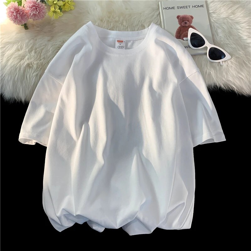 Men's Summer  New Fashion Solid Loose O-Neck T-Shirts White
