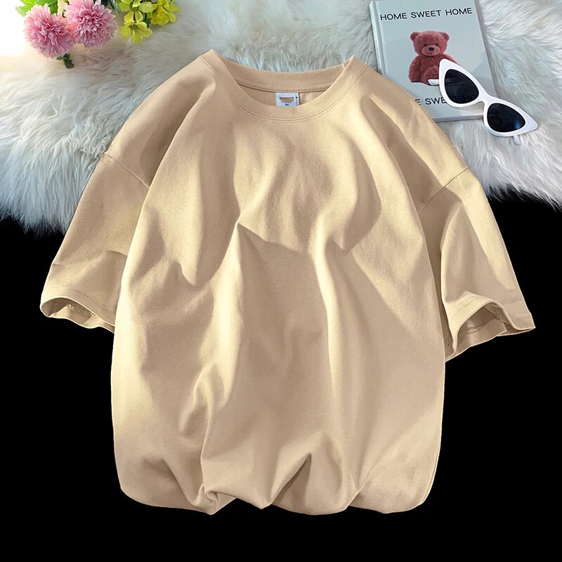 Men's Summer  New Fashion Solid Loose O-Neck T-Shirts Beige