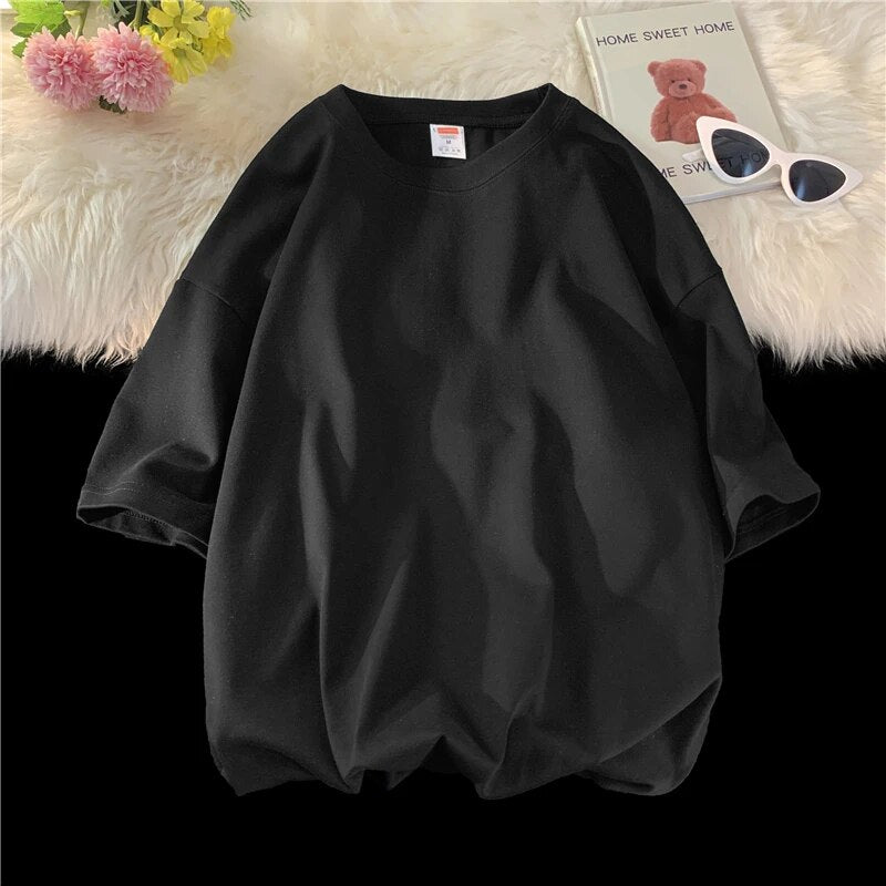 Men's Summer  New Fashion Solid Loose O-Neck T-Shirts Black